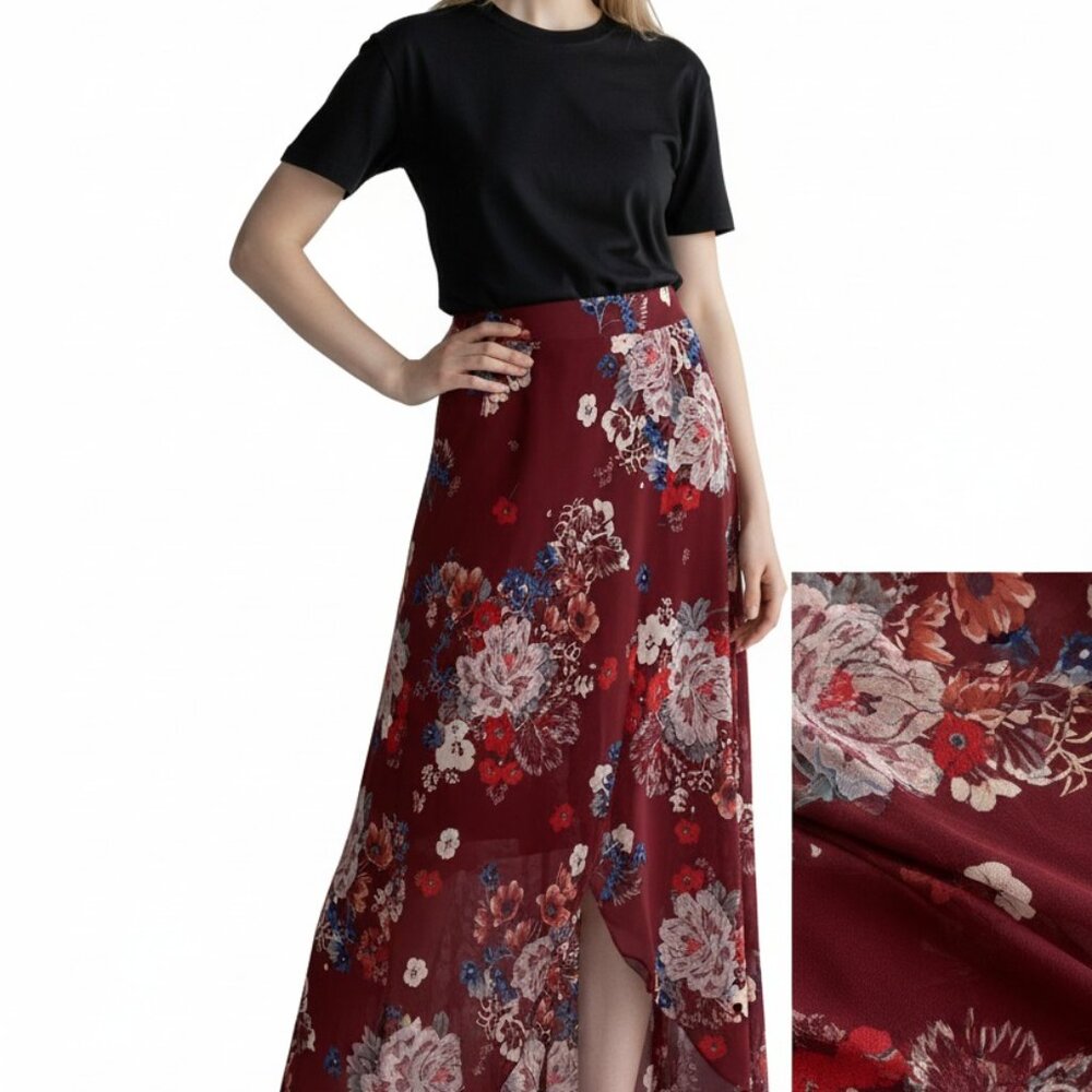 Hallelu Burgundy Floral Maxi Skirt S High Low Boho